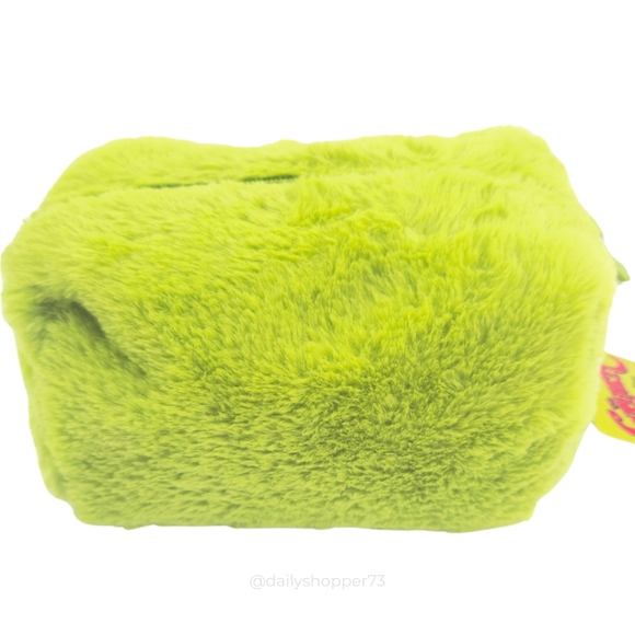 The Grinch x Primark Faux Fur Lime Green Embroidered Lined Zippered Cosmetic Bag - Picture 3 of 6